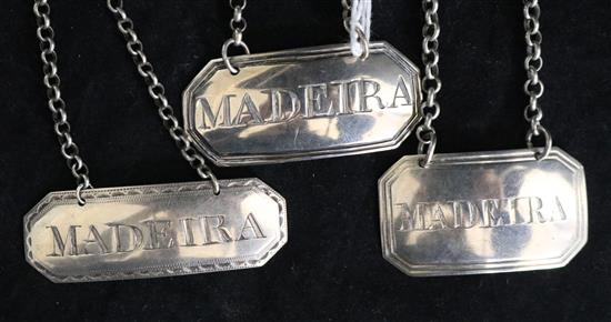 Three George III/IV silver Madeira wine labels